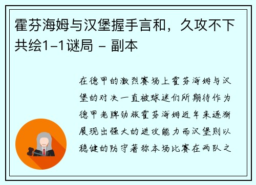 霍芬海姆与汉堡握手言和，久攻不下共绘1-1谜局 - 副本
